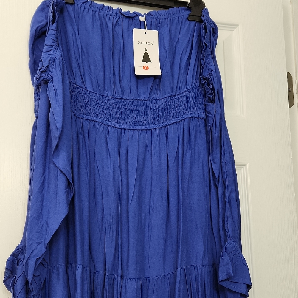 Blue Ruched Off the Shoulder Midi Sundress